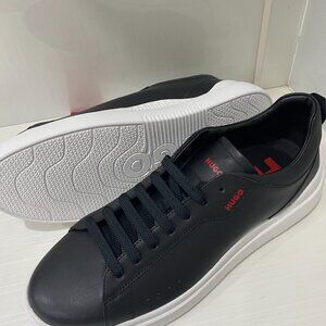 Black Leather HUGO Trainers with red HUGO logo - Brand new Size 12